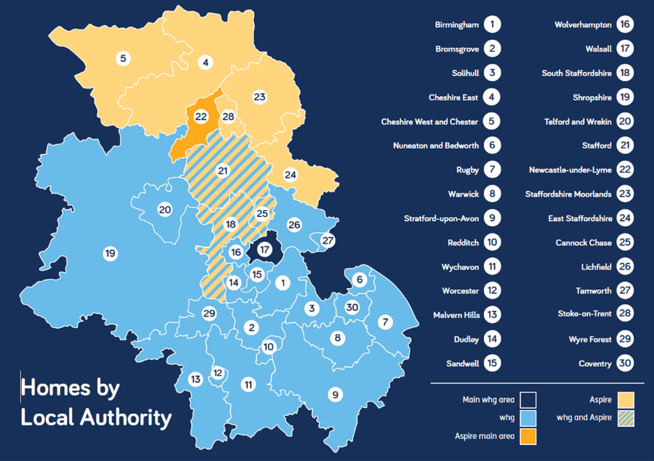 Map showing Aspire Housing and whg stock across the Midlands