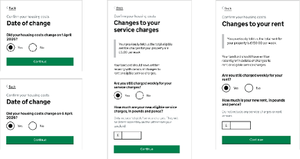 Step-by-step examples showing how to confirm your housing costs in Universal Credit: Date of change, Changes to your service charges, and Changes to your rent