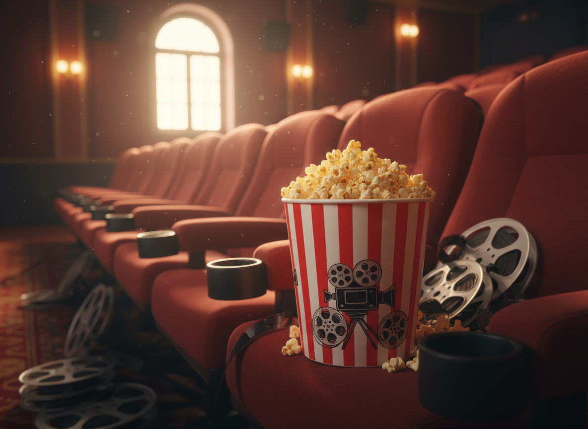 Popcorn and cinema seats with warm golden lighting